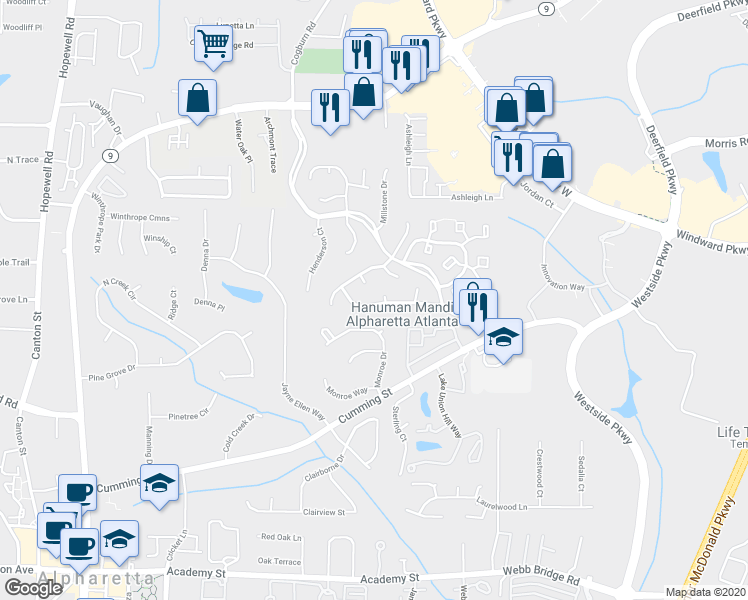 map of restaurants, bars, coffee shops, grocery stores, and more near 1145 Arborhill Lane in Alpharetta