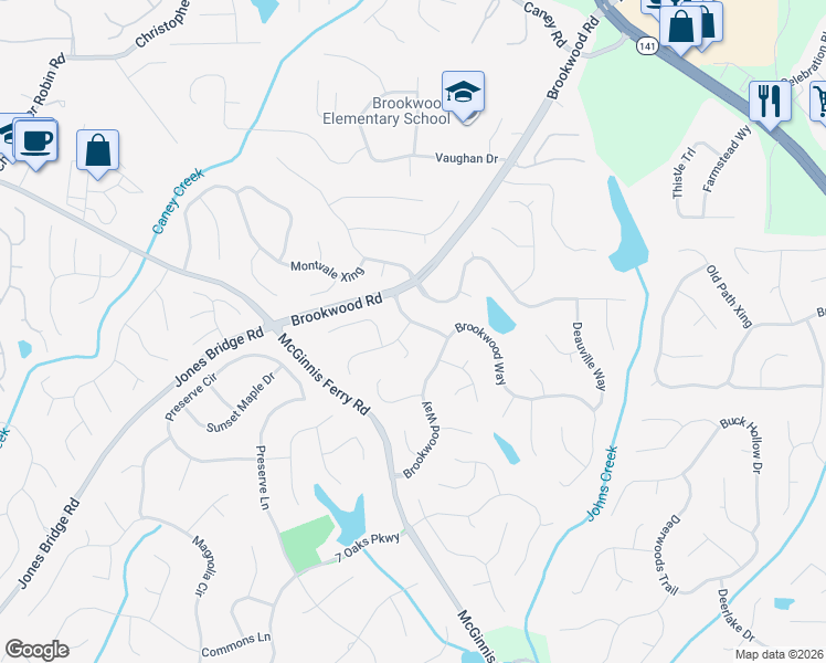 map of restaurants, bars, coffee shops, grocery stores, and more near 7455 Newstead Drive in Cumming