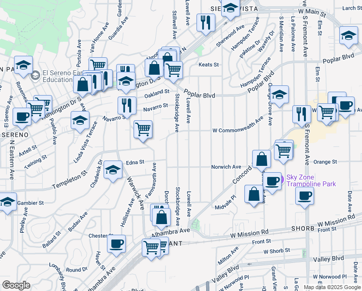map of restaurants, bars, coffee shops, grocery stores, and more near 3408 Stockbridge Avenue in Los Angeles