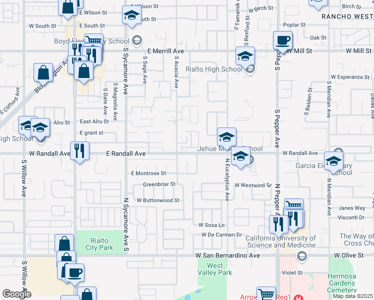 map of restaurants, bars, coffee shops, grocery stores, and more near 517 East Fromer Street in Rialto