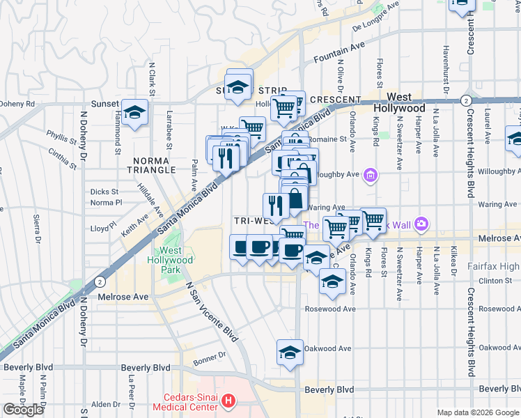 map of restaurants, bars, coffee shops, grocery stores, and more near 840 Westmount Drive in West Hollywood