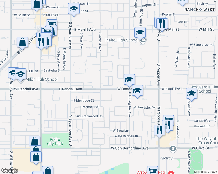 map of restaurants, bars, coffee shops, grocery stores, and more near 546 Grant Street in Rialto