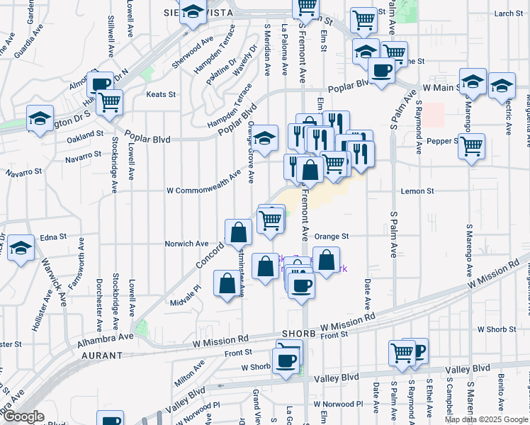 map of restaurants, bars, coffee shops, grocery stores, and more near 656 Orange Grove Avenue in Alhambra