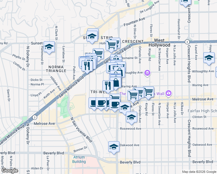 map of restaurants, bars, coffee shops, grocery stores, and more near 840 Westmount Drive in West Hollywood