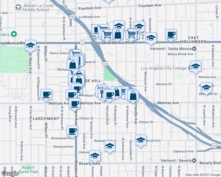 map of restaurants, bars, coffee shops, grocery stores, and more near 817 North Harvard Boulevard in Los Angeles
