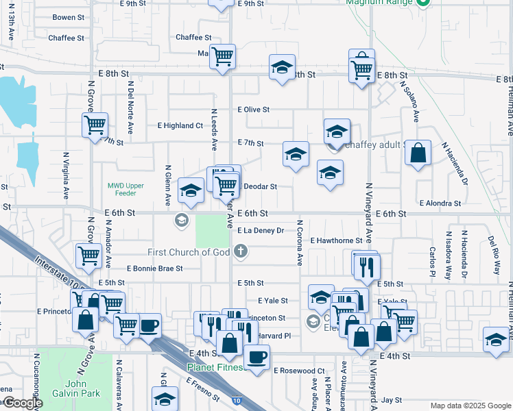 map of restaurants, bars, coffee shops, grocery stores, and more near 1509 North Marin Avenue in Ontario