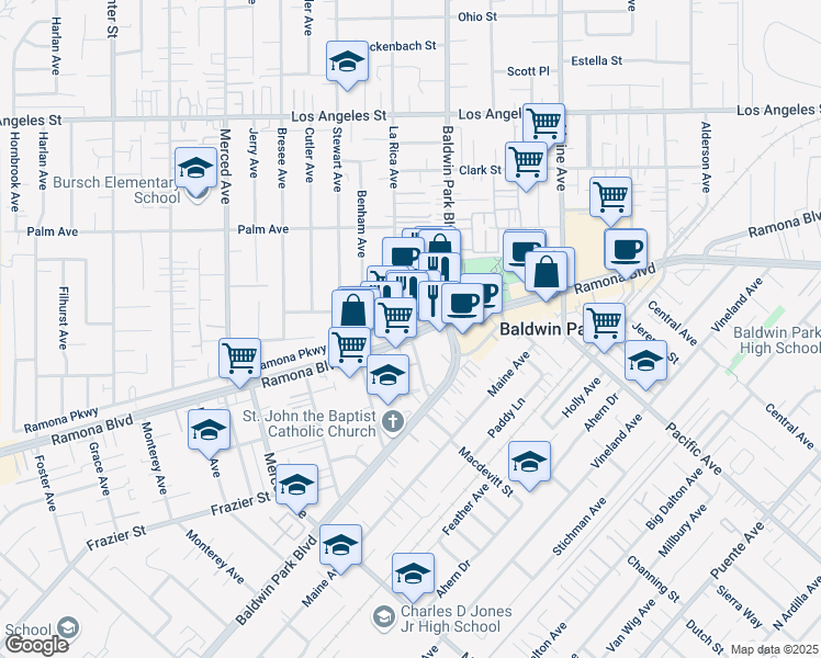 map of restaurants, bars, coffee shops, grocery stores, and more near 14149 Ramona Boulevard in Baldwin Park