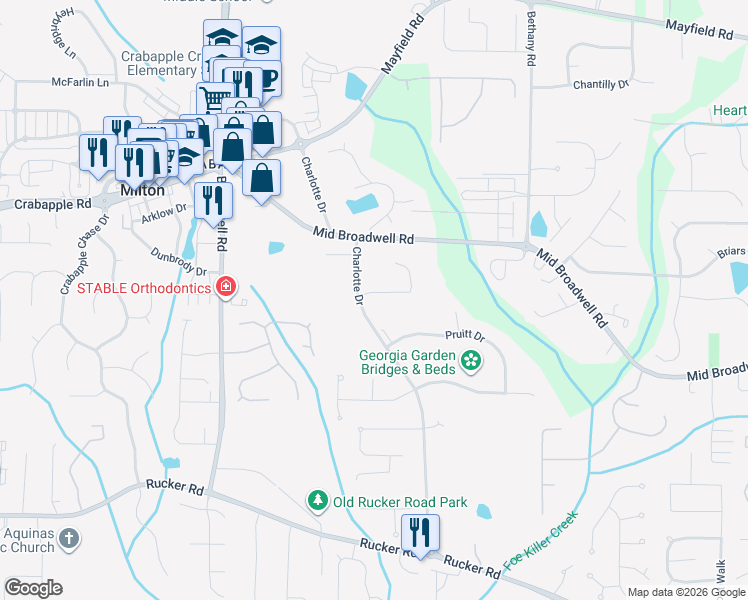 map of restaurants, bars, coffee shops, grocery stores, and more near 7405 Mid Broadwell Trce in Alpharetta