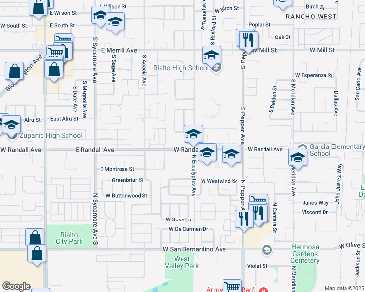 map of restaurants, bars, coffee shops, grocery stores, and more near 3127 West Santolinas Street in Rialto
