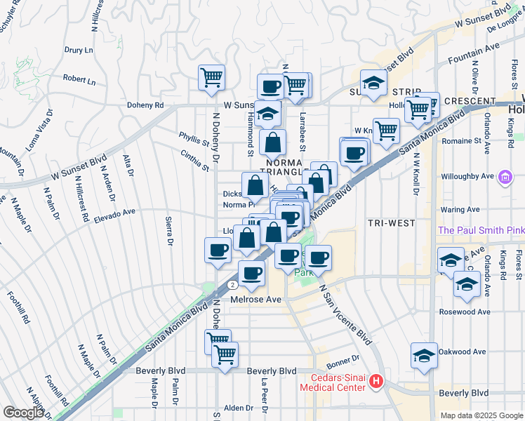 map of restaurants, bars, coffee shops, grocery stores, and more near 8973 Lloyd Place in West Hollywood