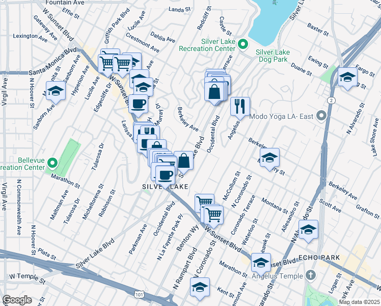 map of restaurants, bars, coffee shops, grocery stores, and more near 1431 Silver Lake Boulevard in Los Angeles