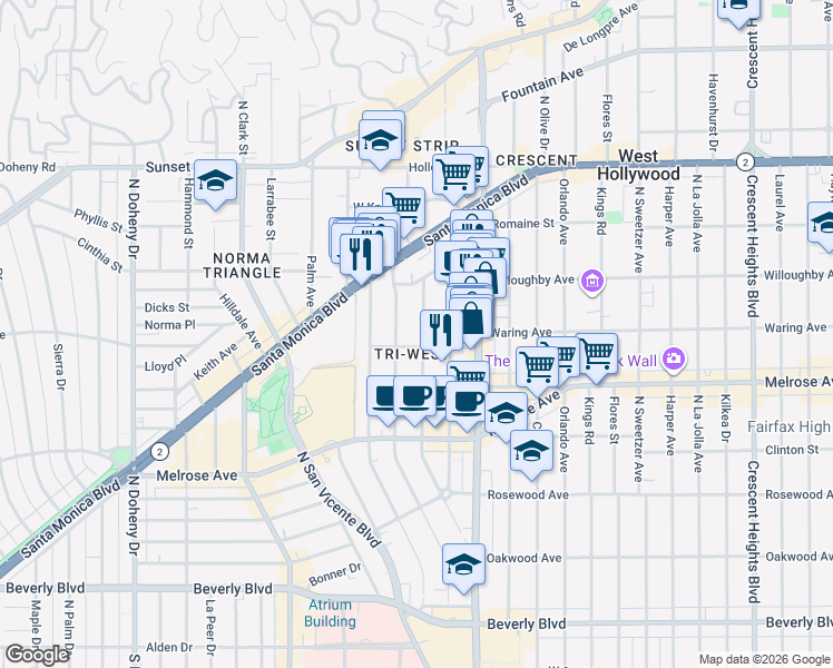 map of restaurants, bars, coffee shops, grocery stores, and more near 840 Westmount Drive in West Hollywood