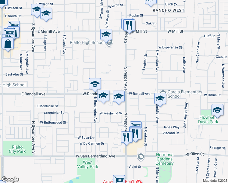 map of restaurants, bars, coffee shops, grocery stores, and more near 2979 Cardamon Street in Rialto