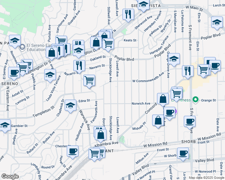 map of restaurants, bars, coffee shops, grocery stores, and more near 3408 Stockbridge Avenue in Los Angeles