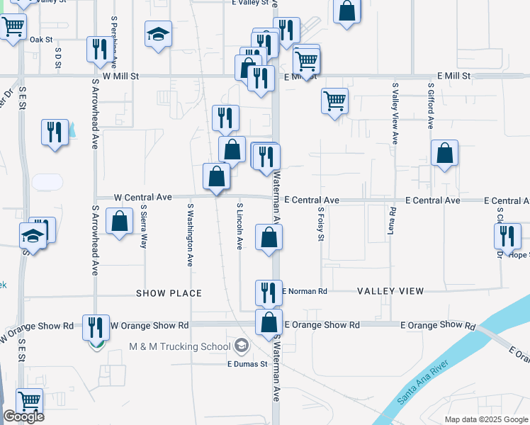 map of restaurants, bars, coffee shops, grocery stores, and more near 860 South Waterman Avenue in San Bernardino