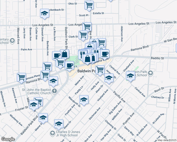 map of restaurants, bars, coffee shops, grocery stores, and more near Grace Avenue in Baldwin Park