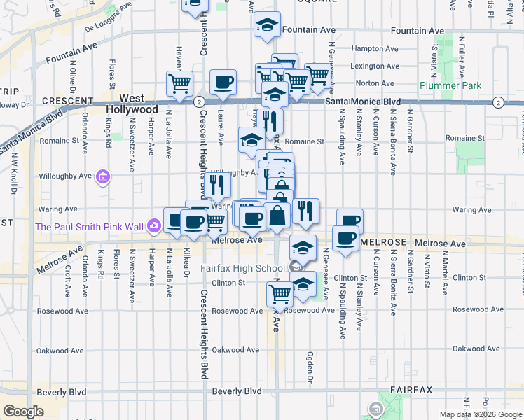 map of restaurants, bars, coffee shops, grocery stores, and more near 750 North Hayworth Avenue in Los Angeles