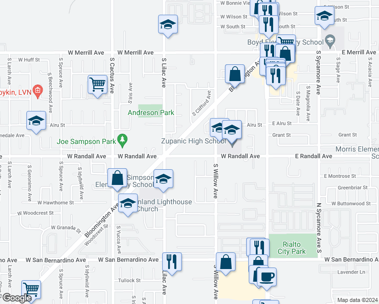 map of restaurants, bars, coffee shops, grocery stores, and more near 418 West Randall Avenue in Rialto