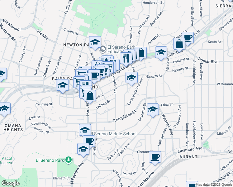 map of restaurants, bars, coffee shops, grocery stores, and more near 3416 Pueblo Avenue in Los Angeles