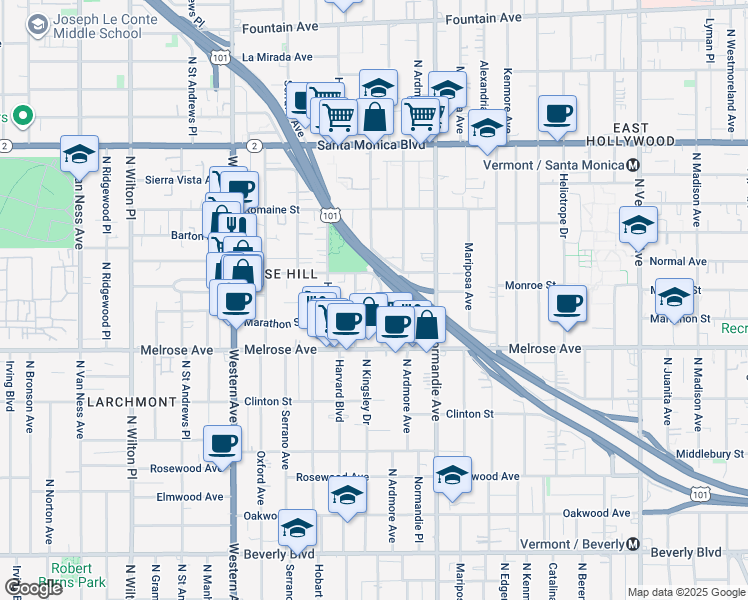 map of restaurants, bars, coffee shops, grocery stores, and more near 817 North Kingsley Drive in Los Angeles