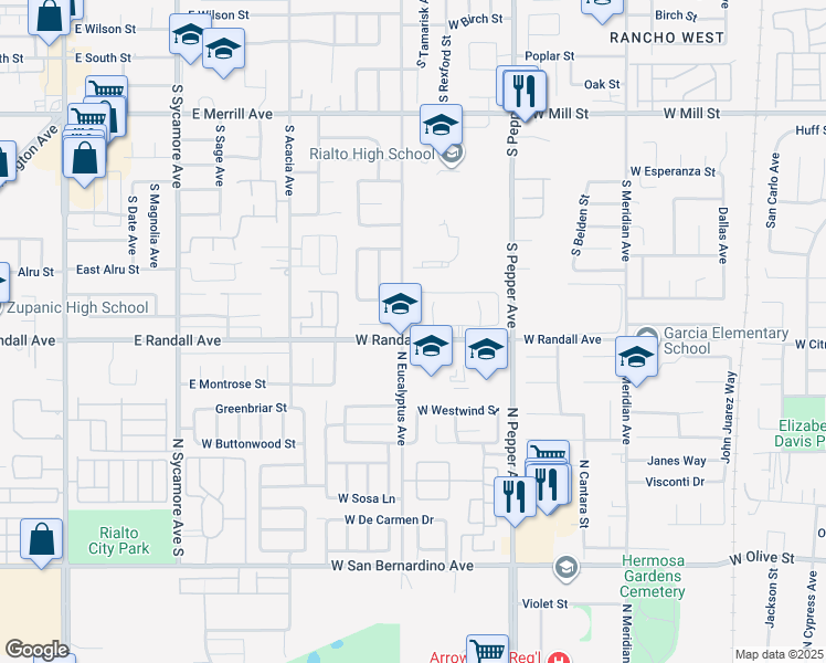 map of restaurants, bars, coffee shops, grocery stores, and more near 3089 Cardamon Street in Rialto