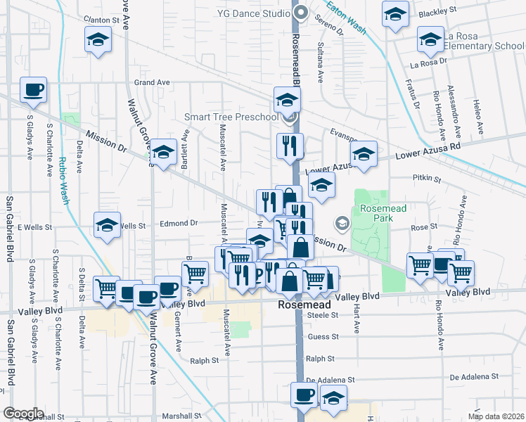 map of restaurants, bars, coffee shops, grocery stores, and more near 8877 Mission Drive in Rosemead