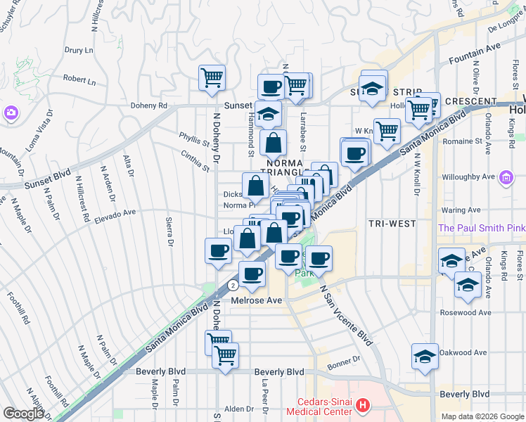 map of restaurants, bars, coffee shops, grocery stores, and more near 8973 Lloyd Place in West Hollywood