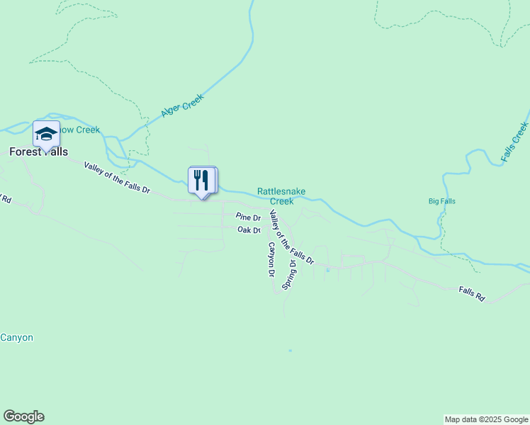 map of restaurants, bars, coffee shops, grocery stores, and more near 41118 Valley of the Falls Drive in Forest Falls