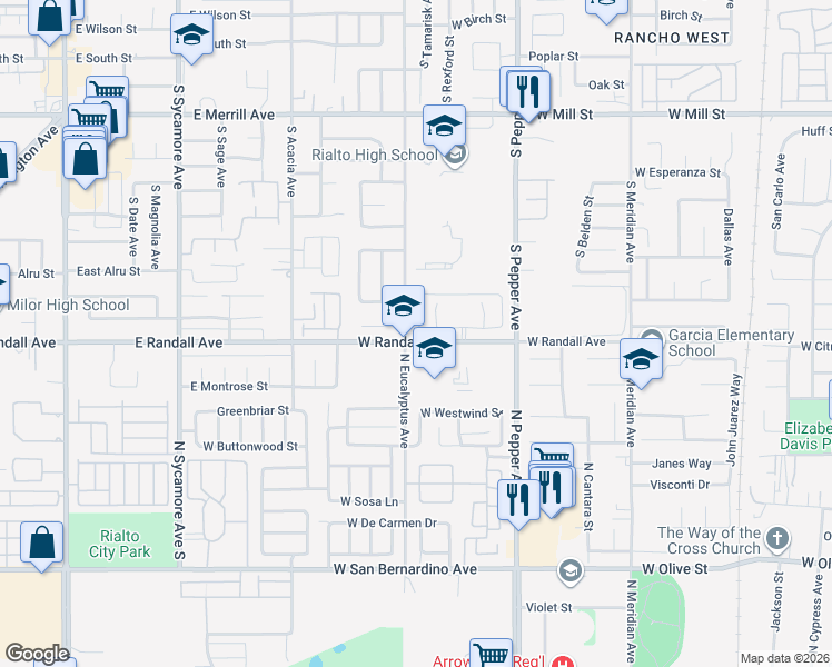 map of restaurants, bars, coffee shops, grocery stores, and more near 856 South Tamarisk Avenue in Rialto
