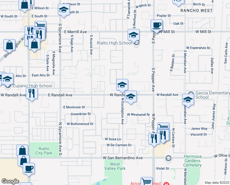 map of restaurants, bars, coffee shops, grocery stores, and more near 3127 West Santolinas Street in Rialto
