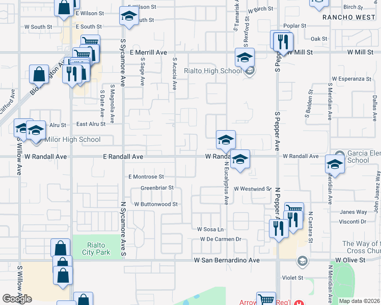 map of restaurants, bars, coffee shops, grocery stores, and more near 546 Grant Street in Rialto