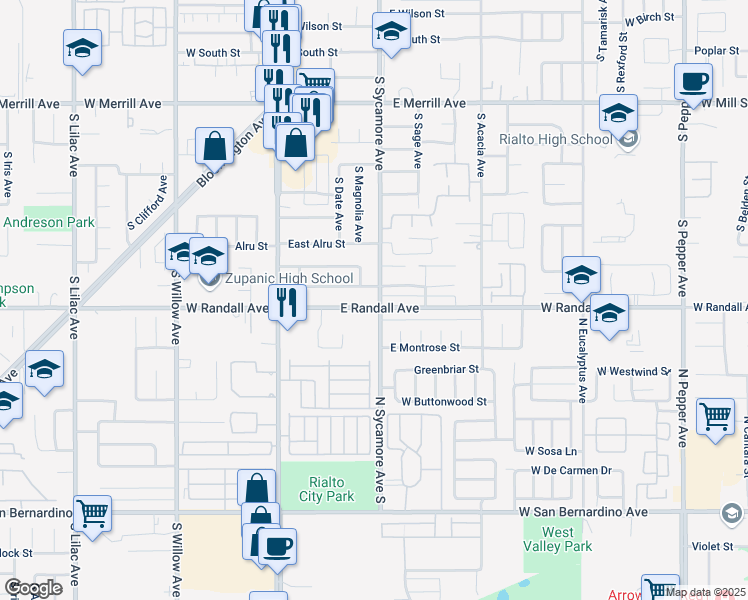 map of restaurants, bars, coffee shops, grocery stores, and more near 836 South Sycamore Avenue in Rialto