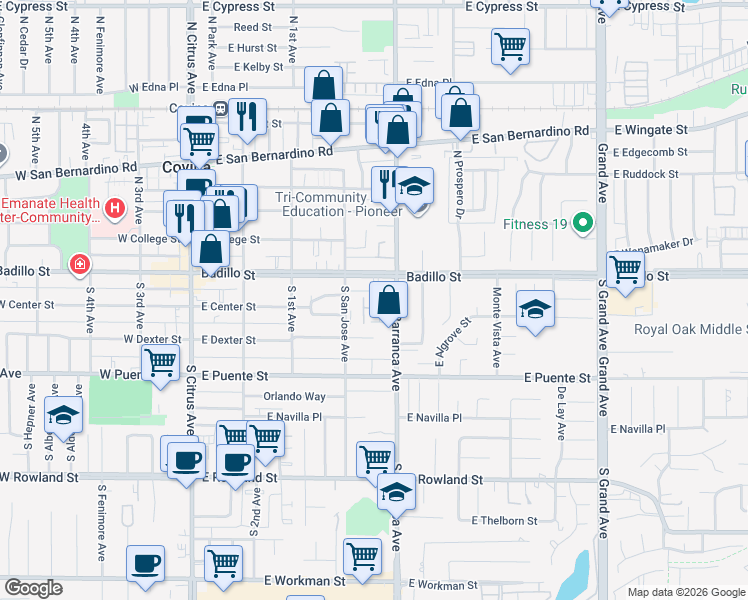 map of restaurants, bars, coffee shops, grocery stores, and more near 101 East Badillo Street in Covina