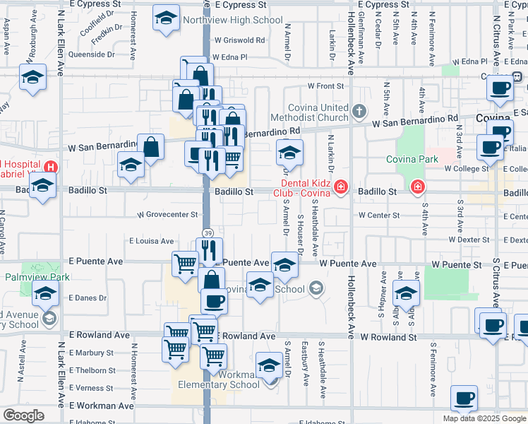 map of restaurants, bars, coffee shops, grocery stores, and more near 1950 Badillo Street in West Covina
