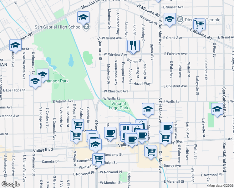 map of restaurants, bars, coffee shops, grocery stores, and more near 1156 South Anderson Way in San Gabriel
