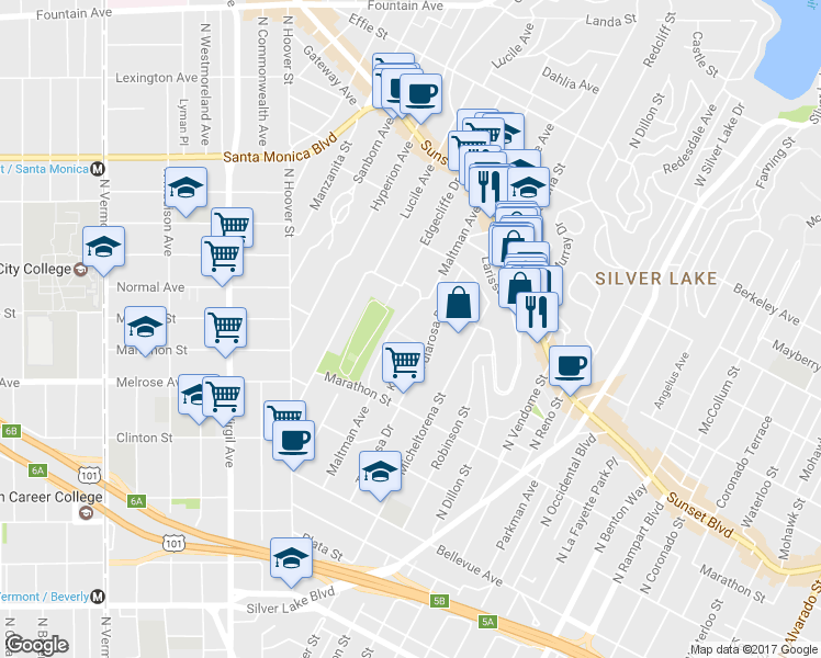 map of restaurants, bars, coffee shops, grocery stores, and more near 962 Maltman Avenue in Los Angeles