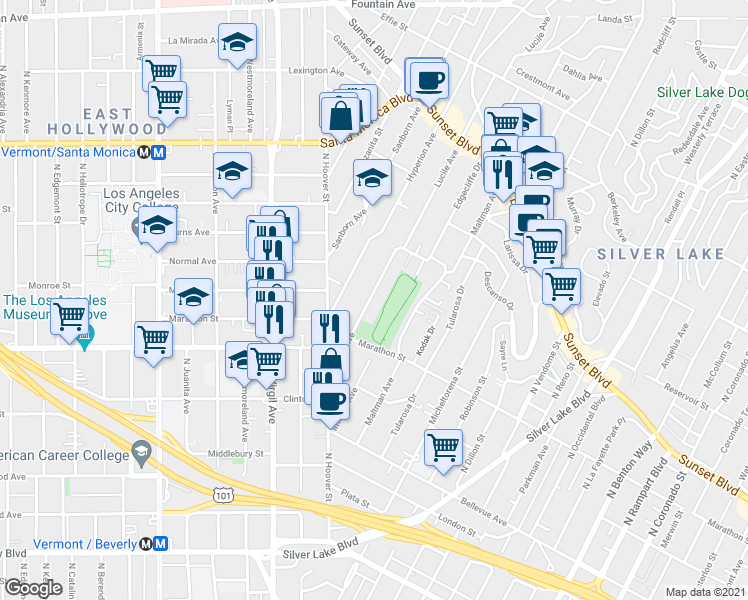 map of restaurants, bars, coffee shops, grocery stores, and more near 923 Lucile Avenue in Los Angeles