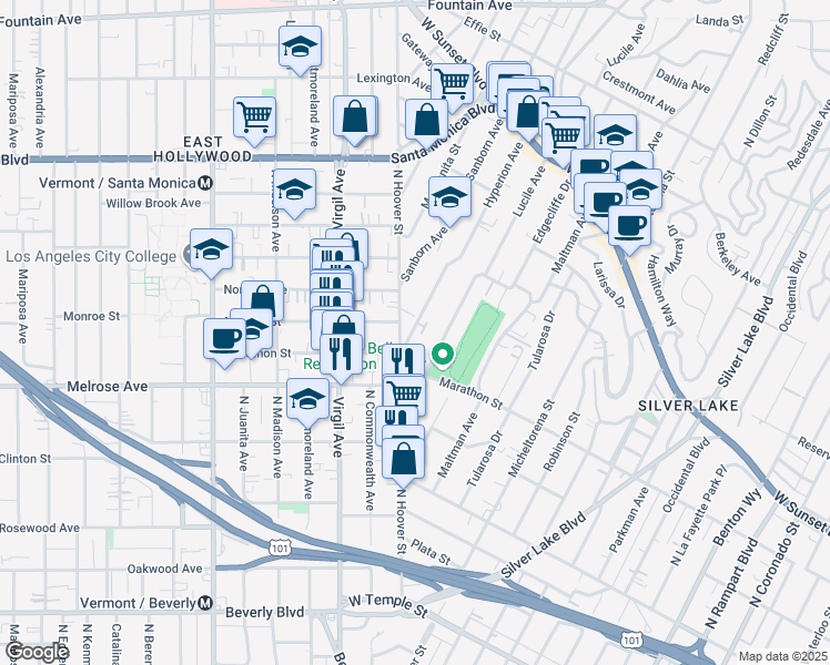 map of restaurants, bars, coffee shops, grocery stores, and more near 803 Hyperion Avenue in Los Angeles