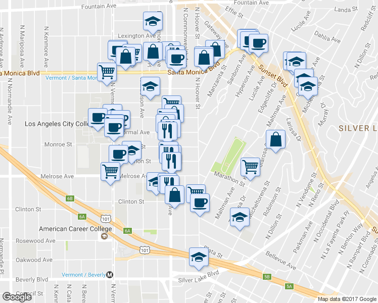 map of restaurants, bars, coffee shops, grocery stores, and more near 4029 Monroe Street in Los Angeles