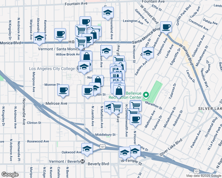 map of restaurants, bars, coffee shops, grocery stores, and more near 4145 Monroe Street in Los Angeles