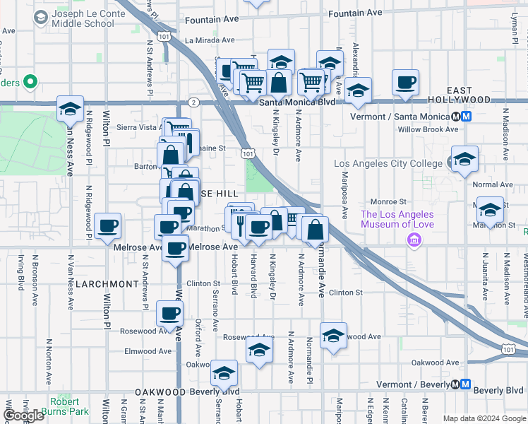 map of restaurants, bars, coffee shops, grocery stores, and more near 848 North Harvard Boulevard in Los Angeles