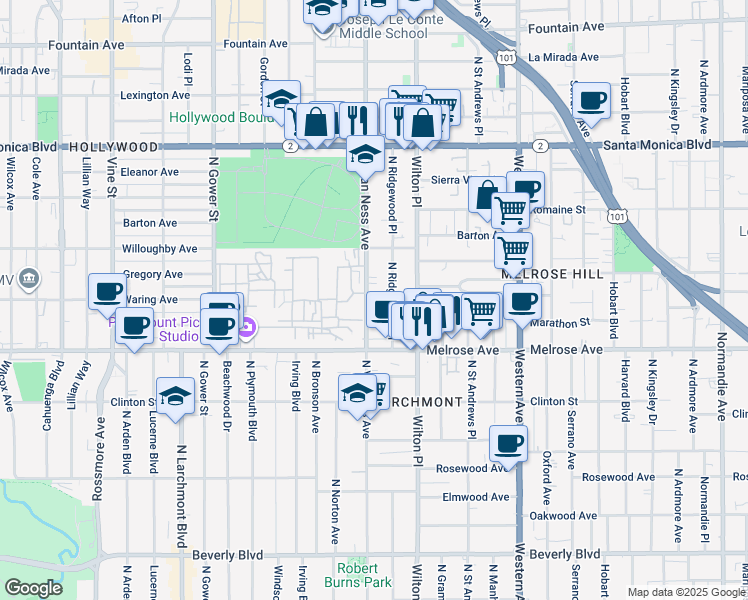 map of restaurants, bars, coffee shops, grocery stores, and more near 818 North Van Ness Avenue in Los Angeles