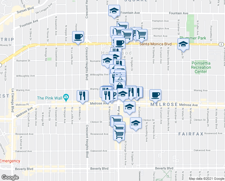 map of restaurants, bars, coffee shops, grocery stores, and more near 801 North Fairfax Avenue in Los Angeles