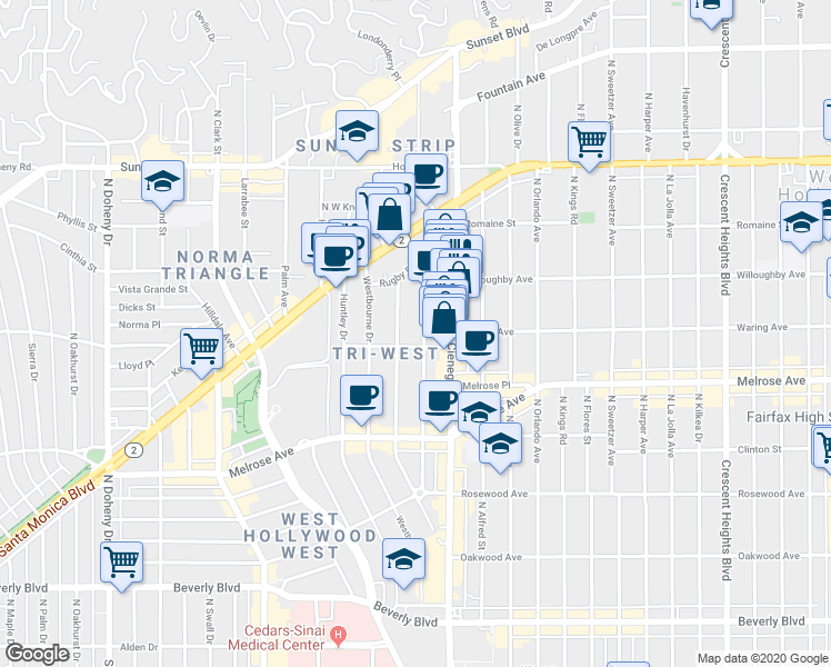map of restaurants, bars, coffee shops, grocery stores, and more near 840 Westmount Drive in West Hollywood