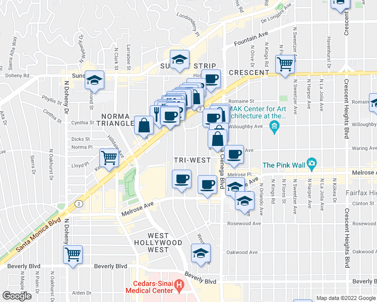 map of restaurants, bars, coffee shops, grocery stores, and more near 833 Westbourne Drive in West Hollywood
