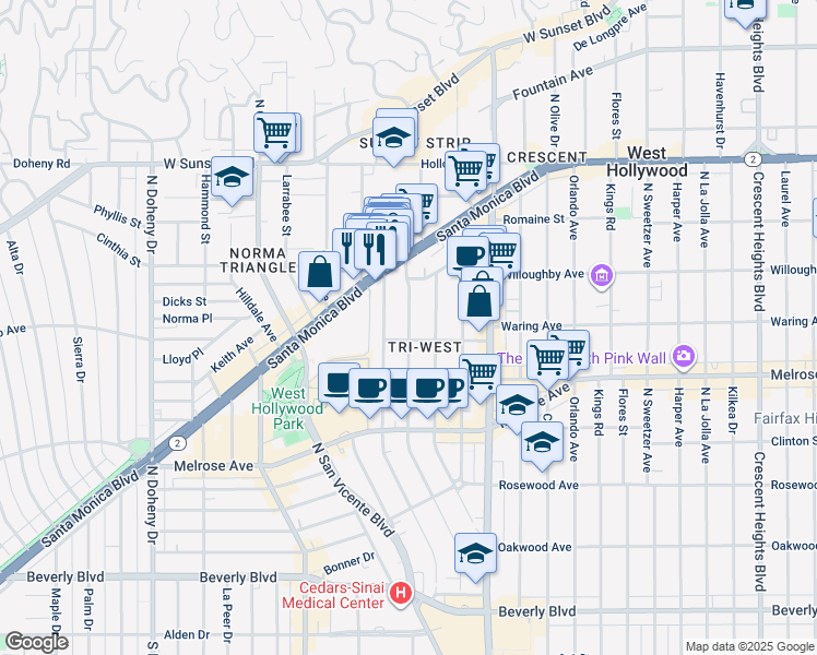 map of restaurants, bars, coffee shops, grocery stores, and more near 833 Westbourne Drive in West Hollywood
