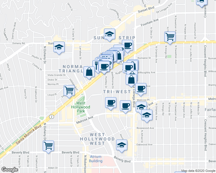 map of restaurants, bars, coffee shops, grocery stores, and more near 833 Westbourne Drive in West Hollywood