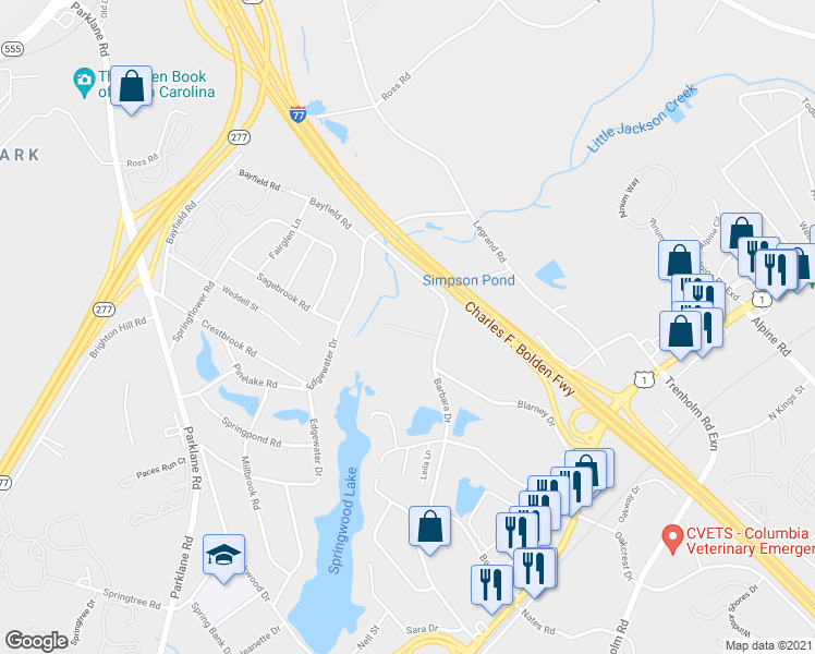 map of restaurants, bars, coffee shops, grocery stores, and more near 1751 Barbara Drive in Columbia