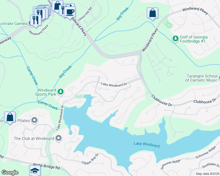 map of restaurants, bars, coffee shops, grocery stores, and more near 7190 Harbour Landing in Alpharetta