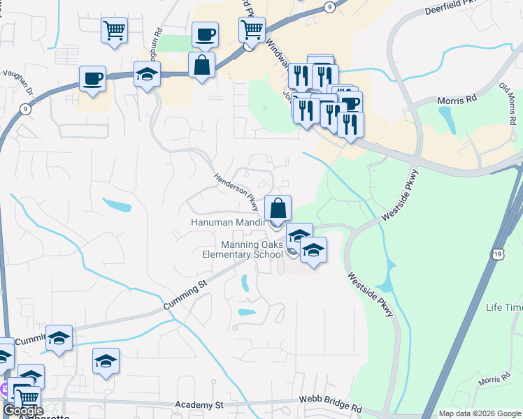 map of restaurants, bars, coffee shops, grocery stores, and more near 5044 Brookside Court in Alpharetta